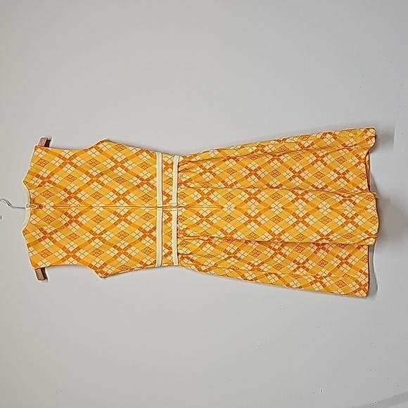 Patty Woodard Vtg 70's argyle dress, yellow orange white, SL, fitted, A-line - Picture 4 of 10